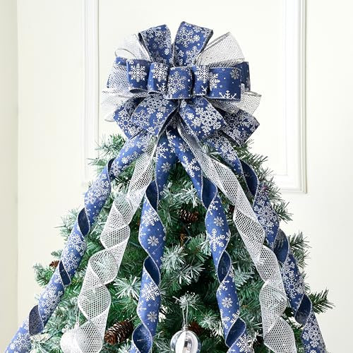 JOIEDOMI 45 Inch Christmas Tree Topper Bow, Blue and Silver Ribbon Bow with Snowflakes and Glitter, Large Gift Bow for Xmas Tree Topper Holiday Themed Decor Home Parties Wedding Bow Ornaments
