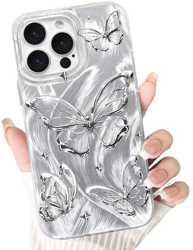 NITITOP Compatible for iPhone 13 Pro Case Cute Butterfly Pattern for Women Girl Glitter Laser Shiny Feather Yarn Style Aesthetic Shockproof Hard Protective Phone Cover - Silver