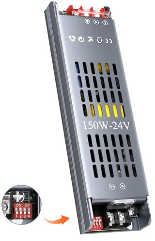 HOOLED Trasformatore LED DC 24 V 6,3 A, 150 W Alimentatore Dimmerabile a Livelli, con Ingresso 220-240 V AC a Bassa Tensione DC 24V, 5 Modalità di Protezione del Circuito Adatto per Strisce LED