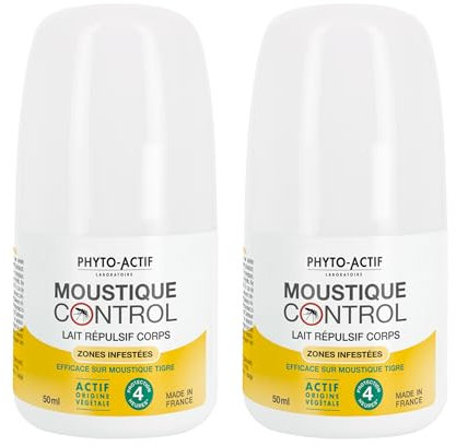 Phyto-actif | Lait répulsif corps Moustique Control - Zones infestées | Roll-on - Protection 4h moustiques tigres | Extrait citronelle - odeur lavande | dès 1 an |Fabriqué en France | Lot de 2 x 50 ml