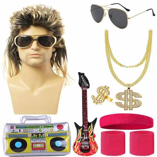 Edmirfun 80er Jahre Kostüm für Erwachsene,Retro 80er 90er Jahre Outfit Herren,Sonnenbrille,Goldkette,Ringe,stirnband,schweißband handgelenk,Radio,Perücke Herren Set,für Fasching Karneval Halloween