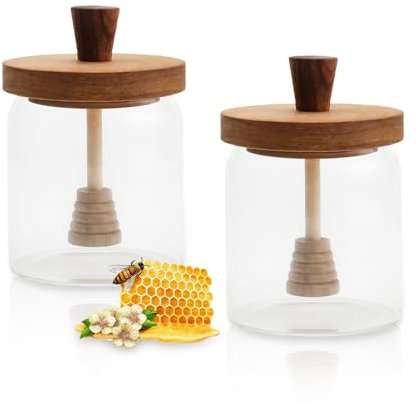 PHMING 2x 400ml Honigspender aus Glas mit Deckel & Löffel, luftdichter Honigglas für Honig, Marmelade, Sirup, Honigtopf, Ideal für Küche, Frühstück & Geschenk