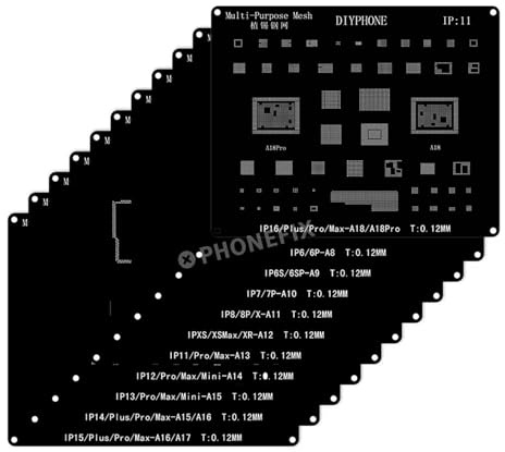 DIYPHONE BGA Reballing-Schablonen-Set, 11-teilig, Pflanzdose, Stahlgeflecht, Lötzinn-Pflanzschablone, quadratisches Loch, direkte Erwärmung, Pflanznetz für iPhone 6–16 Pro Max, CPU-IC-Chip-Reparatur