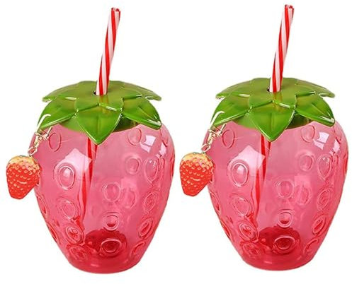 Yeory Copa bebida con tapa, copa de fresa de 500 ml, vulter de fresa transparente de 2 piezas con paja, botella de agua de plástico