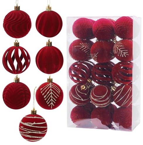 Samt-Weihnachtskugeln – 30 Stück, 6 cm, Baumschmuck, beflocktes Kugel-Set für Urlaub, Hochzeit, Geburtstagsfeier (rot)