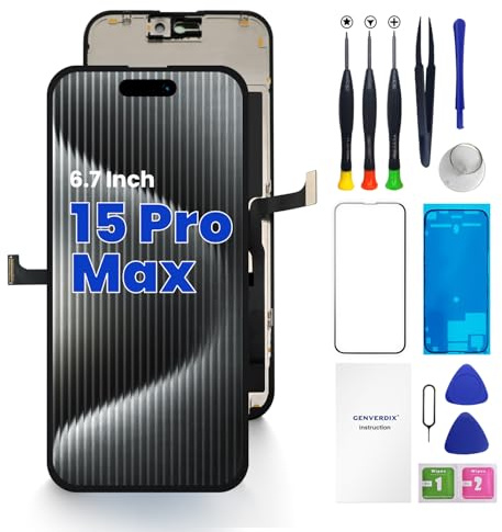 Genverdix Écran pour iPhone 15 Pro Max - 6.7 Pouce FHD Kit Réparation Écran DIY, Entièrement Compatible avec Face ID, Couleurs Vives, Haute Définition, Livré avec Les Outils d'Installation