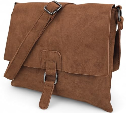 styleBREAKER Damen Umhängetasche samtige Schultertasche | Crossbody Bag mit Umschlag, Magnetknopf, Reißverschluss & verstellbarem Gurt 28,5 x 25 cm, Farbe:Cognac