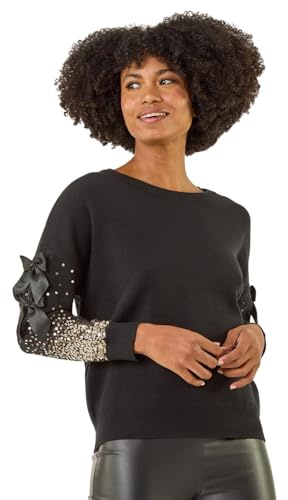 Roman Originals Sequin Bow Sleeve Knit Jumper for Women UK - Ladies Everyday Autumn Winter Round Neckline Comfy Soft Evening Vacation Work Party Night Out