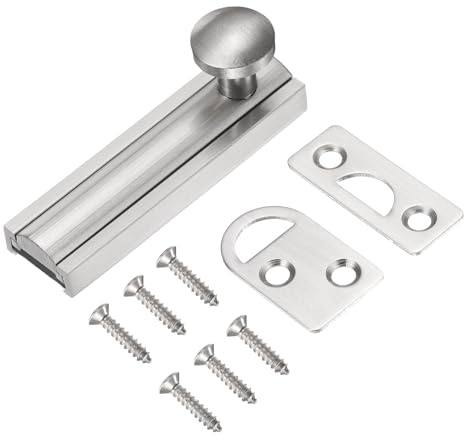 sourcing map 2 Solid Brass Surface Bolt, Concealed Security Slide Latch Door Lock with Screws, Brushed French Door Lock for Closet Cabinet Recessed Doors, Silver