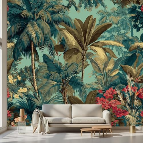 Kioldoq Papier Peint Jungle - Papier Peint Panoramique Nature Palmier Arbre, Papiers Peints Adhesif Mural Tropical 300x210 cm, Tapisserie Autocollante Murale Monstera Feuille Pour Chambre Meuble