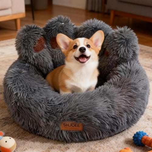 SHJOEE Flauschig Hundebett Katzenbett Waschbar Hundekissen Katzenkissen Weich niedliche Bärenpfotenform Hundesofa Hundekorb Langer Plüsch Haustierbett für Kätzchen,Hunde (Dark Grey, 50cm)
