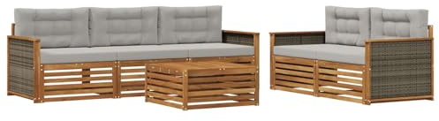 vidaXL Outdoor-Sofagarnitur mit Kissen 6 pcs Natürlich und Hellgrau, Gartenlounge, modernes Ecksofa, Outdoor-Sitzgelegenheit, Terrassenmöbel, gemütliches Set