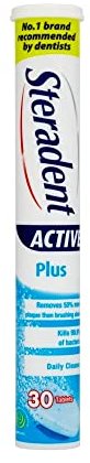Steradent Active Plus Denture Cleaning Tablets, Mint Fresh, 30 Count - Plaque Remover, Dental Hygiene Cleanser, Cleans In 3 Minutes, Kills 99.9% Bacteria, Care Solution