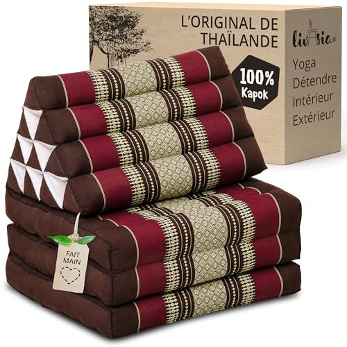 livasia Thai cushion with 3 seat rests - 69x20x3.1″ - Triangle cushion with folding mattress, Wedge cushion, kapok, Back support cushion, folding, Thai mat, folding, Hand made (Wine Red)