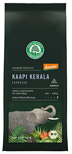LEBENSBAUM gemahlener Espresso Kaapi Kerala, Bio Espresso gemahlen, Arabica-Robusta-Mischung, Intensität 5/5, intensiv-aromatischer Kaffeegenuss, 250 g
