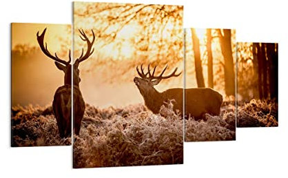 Mehrteilige Bilder auf Leinwand 160x90cm Leinwandbild Deer Heidekraut Tier Groß XXL Wanddeko Bild Schlafzimmer Set 4 teilige Wandbilder Dekoration Wohnzimmer Canvas Wand Kunstdruck Art DL160x90-3043