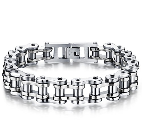 JewelryWe Schmuck Herren Armband, Schwer Biker Link Fahrradkette, Edelstahl, Silber
