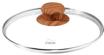 STONELINE Back to Nature Glasdeckel 18 cm, Topfdeckel Glas, Spülmaschinengeeignet Hitzebeständig, Universaldeckel Töpfe Pfannen, Deckel Pfanne Topf Edelstahlrand Dampfventil Kunststoffknauf, Holzoptik