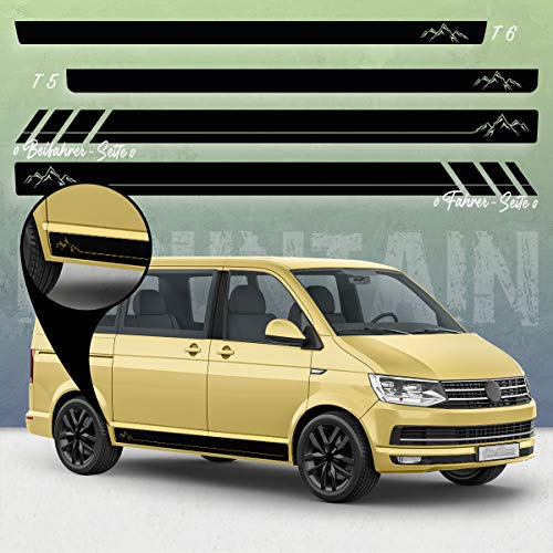 Auto-Dress Seiten-Streifen Aufkleber Set/Dekor passend für VW T4, T5 & T6 Bus - Motiv: Mountain Silhouette Racing mit Strich (111M Black Matt, Kurzer Radstand)