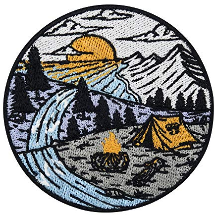 Finally Home Fluss Camping mit Sonnenuntergang Patch zum Aufbügeln | Wald Patches, Bäume Bügelflicken, Meer Flicken, Berge Aufnäher