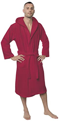 Twinzen Bademantel Herren - L - Burgunderrot - 100% Baumwolle (350g/m²) OEKO-TEX® Zertifiziert - Bademantel mit Kapuze, 2 Taschen, Gürtel