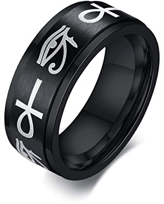 FLHEART Auge des Horus & Ankh Ring : Edelstahl Spinner Stil ägyptische Symbol Schlüssel des Lebens und Auge des Ra Ring Hochzeit Band für Männer, Schutz Amulett Schmuck Geschenk, Größe 64 (20.4)