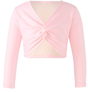 Freebily Kinder Mädchen Ballettjacke Plus Kaschmir Ballett Wickeljacke Fleece Langarmshirt Crop Top Schulterjacke für Ballett Training Rosa B 122-128/7-8 Jahre