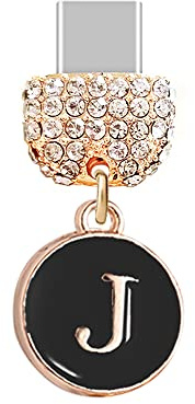 ELISE & FONDA TP60 Type-C USB Charging Port Crystal Anti Dust Plug with Tiny Round letter J Cell Phone Charm for Samsung Galaxy/Huawei/OnePlus/Xiaomi/oppo New Android Phones(Black), approx. 1.2 cm (H)