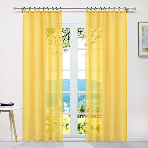 ESLIR Gardinen mit Kräuselband Vorhänge Fensterschal Transparent Schlaufenschal Voile Schal Uni Gelb BxH 145x145cm 1 Stück