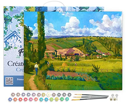 Figured'Art Peinture par Numéro Adulte avec Cadre Paysage aux Pâtis - Camille Pissarro - Activité Manuelle Kit de Loisir Créatif DIY Numéro d'Art Complet - 40x50cm toile tendue sur châssis