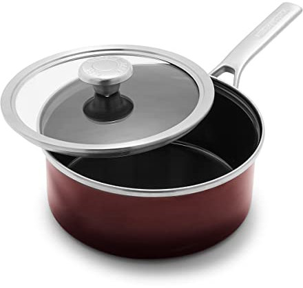 Merten & Storck Europäisch gefertigtes Kochgeschirr mit Stahlkern, emailliertes Kochgeschirr, 2,5 QT Stieltopf mit Deckel, Induktion, PFAS und PTFE, spülmaschinenfest, ofen- und grillfest, Merlot Rot