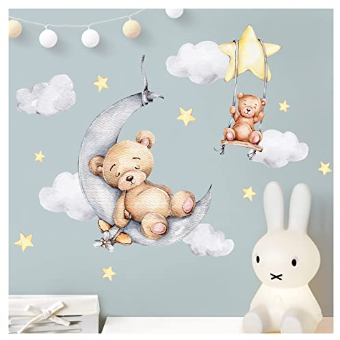 Little Deco Wandsticker Bären mit Mond Wandtattoo Tiere Babyzimmer Wandaufkleber Teddybär Sterne Kinderzimmer Wanddeko DL871-1