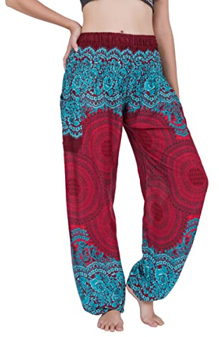 CHAINUPON Haremshose für Damen, Boho, lockere Yogahose, lässig, Bohemian, Hippie, Lounge, Elefant, Pyjamahose, Mandala-Rot, 12-16
