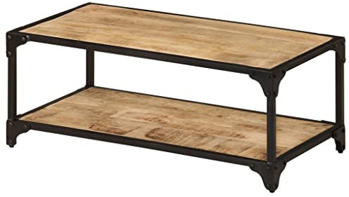 vidaXL Coffee Table with Storage Shelf - Solid Rough Mango Wood and Iron Frame - Functional Top - Unique Wood Grains - Retro Style