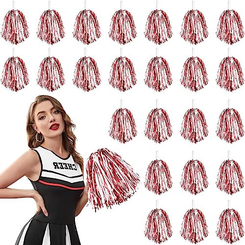 DILIBRA 24 Stück metallische Cheerleader-Pompons für Kinder, Cheerleader, Cheer-Pompons mit Taktstockgriff, Cheering Squad Hand Blume für Erwachsene, Teamgeist, Sport, Spiel, Tanzparty (rot und weiß)