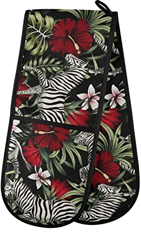 Double Oven Glove Zebra Flower Heat Resistant Double Ovens Mitt Modern Cooking Gloves Potholders