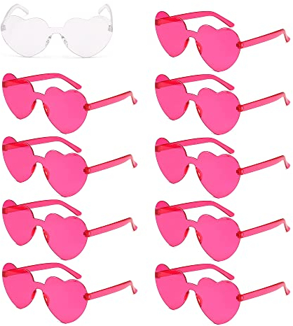 OHYER Retro Herzrandlose Kostümsonnenbrille, 10 Stück (1 durchscheinend, 9 rosa), für Hochzeit, Junggesellenabschied, Strand, Geburtstag, Reisen & Valentinstag, Polykarbonat, Herzförmig, Rosa