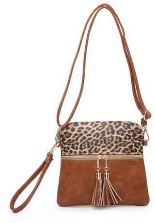 JEN & CO. Tara M1785 Umhängetasche mit Reißverschlusstasche vorne und Quaste, Leopard/Senfgelb