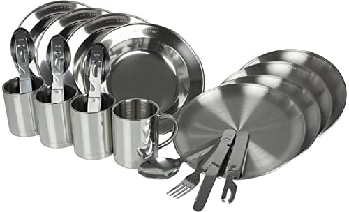 Black Snake® Flacher und tiefer Camping Picknick Teller mit Besteck Plus Tasse aus Edelstahl - 4 Personen - Set