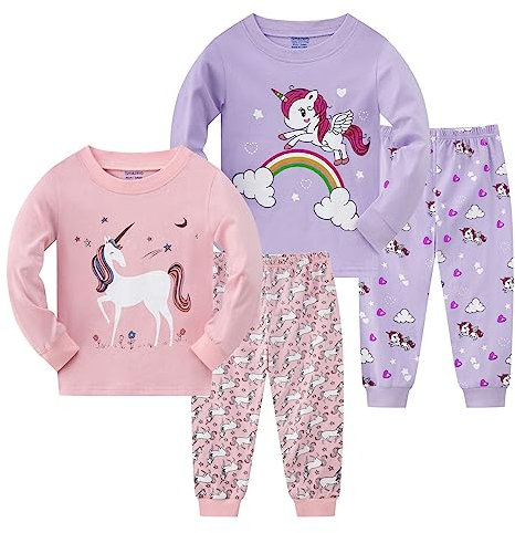 Little Girls Unicorn Pyjamas Sets Cotton Long Sleeved Christmas Pjs for Kids Pajamas 3-8 Years Sleepwear - 4-Piece