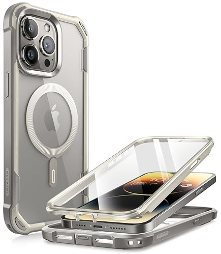 i-Blason Ares Mag for iPhone 15 Pro Max Case with Screen Protector, [Compatible with MagSafe] Clear Slim Full-Body Shockproof Rugged Bumper Case (Gray)