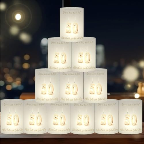 SeunKieer 12 Windlicht Tischdeko 50 Geburtstag, Deko 50 Geburtstag Frau Mann, Schön DASS Du Da Bist, 50 Jahre Happy Birthday Tischdeko, Geeignet für Teelichter oder Kerzen