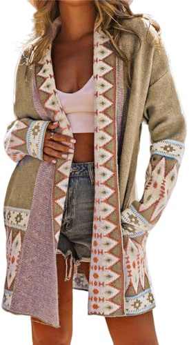 Perbai Damen-Strickjacke, Boho-Stil, Aztekenmuster, Schalkragen, vorne offen, Tribal, langer Pullover mit Taschen