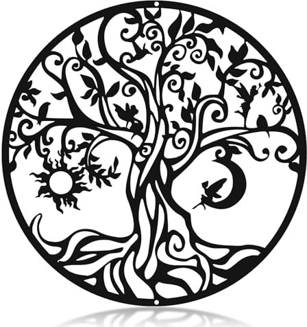 ONNIJUN Tree of Life Metal Wall Art Decor, Sun and Moon Wall Decor Silhouette Black Wall Hanging Sculpture Decoration for Indoor Outdoor Garden Home, 30x30cm