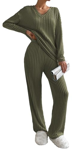 Famulily Ribbed Baggy Tracksuit Womens Full Set V Neck Jumpers and Wide Leg Trousers, Ladies Two Piece Outfits Loungewear Sets Winter Nightwear Leisure Wear (M, Army Green)