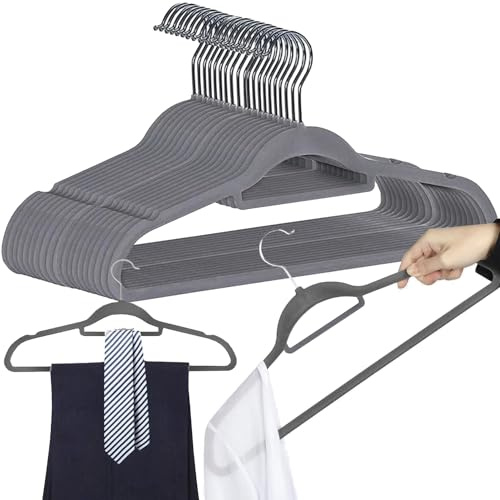 Ruhhy Antirutsch-Kleiderbügel Einkerbungen im Schulterbereich Steg für Hosen drehbarer Haken Velours Set 20 Stück 22536, Farbe:Grau-Grey