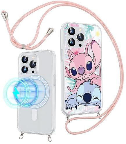 Handykette für iPhone 13 iPhone 14 6.1 Hülle mit Band,Kompatibel mit MagSafe,Magnetisch Handyhülle mit Kordel zum Umhängen, Niedlich Muster Stitch Anime mit Silikon TPU Stoßfest Schutzhülle,12