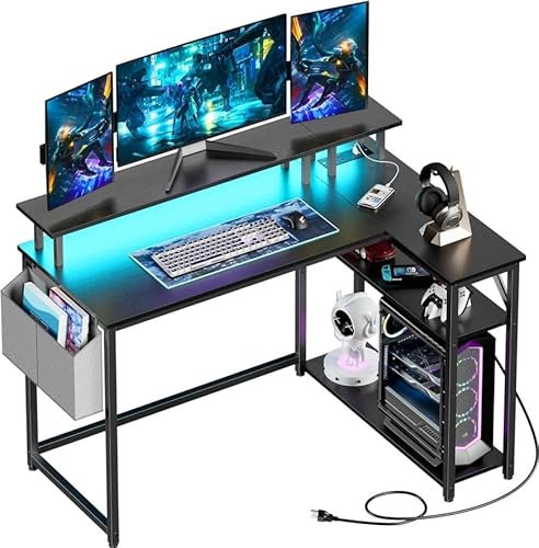 Yornoli L Shaped Desk with Led Lights&Power Outlet 118CM Corner Gaming Desk for Small Spaces with Storage Shelves Corner Office Desk