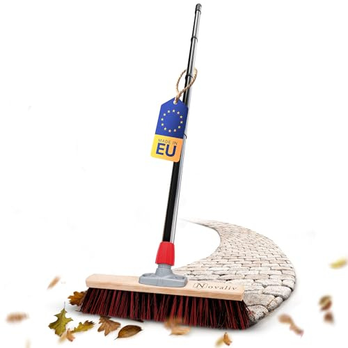Novaliv Balai de rue avec manche - 40 cm - Poils Arenga-Elaston - Idéal comme balai d'extérieur - Balai de jardin avec manche - Poils durs - Balai de terrasse - Balai d'écurie - Balai industriel -