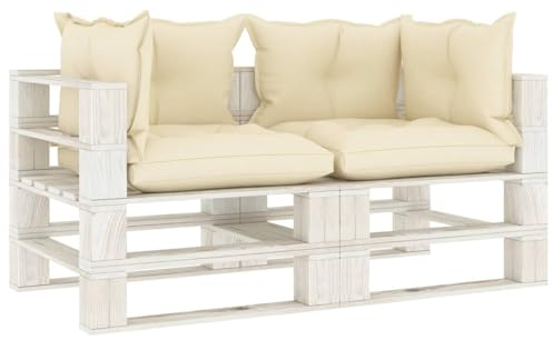 Chaduof Garten-Palettensofa 2-Sitzer mit Creme-Kissen, Palettensofa, Palettenmöbel Set, Gartensofa, Outdoor Sofa, Gartencouch, Gartenmöbel Lounge, Holz